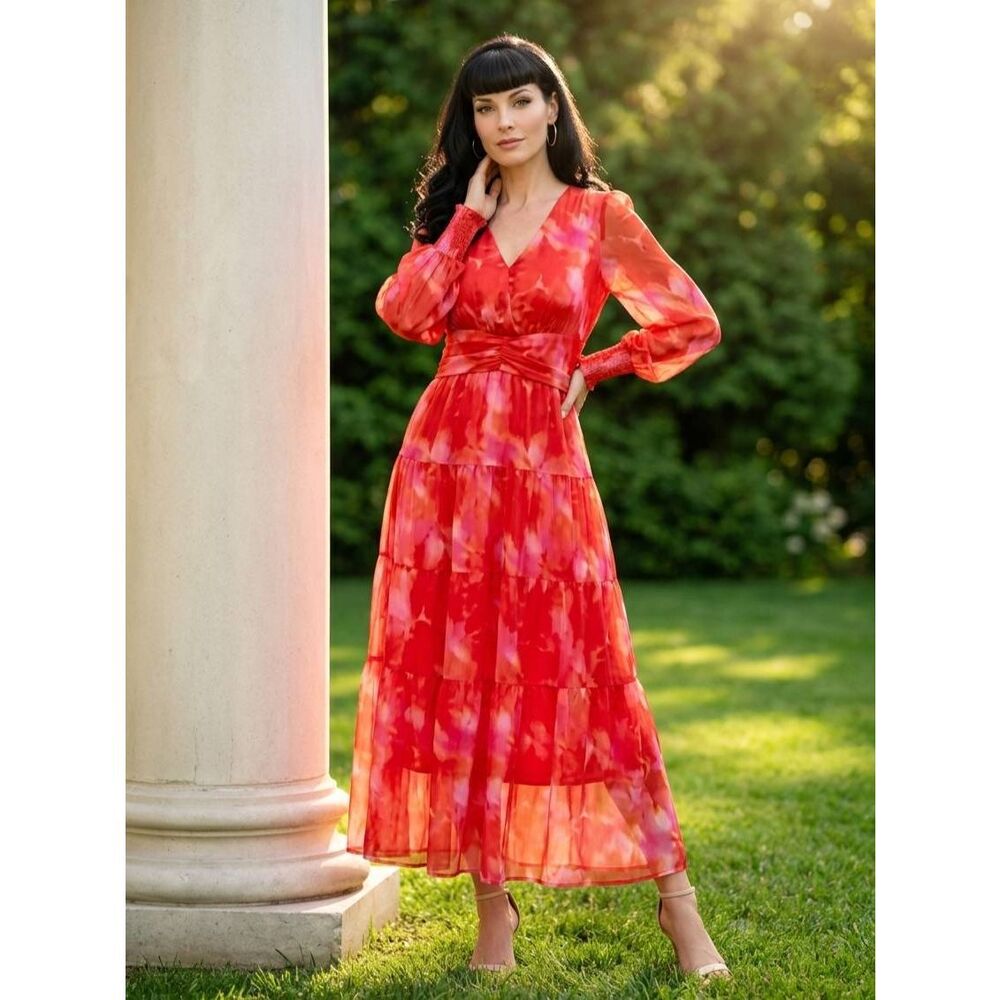 ☔️🩵⏭️NWT Pinkish Orange Floral Semi Sheer Long Sleeve Dress Small